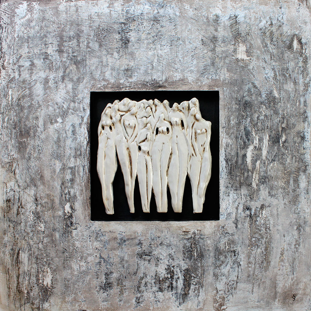 Migrations et Séquelles, Acrylique sur panneau et insertion céramique 76,2 cm X 76,2 cm Sylvie Schueler © 2015 vendu-sold