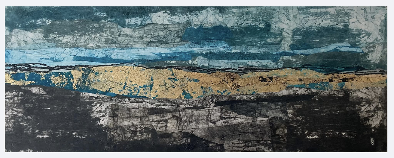 Embâcle, Techniques mixtes, 15,5 po. X 40 po. Sylvie Schueler © 2025