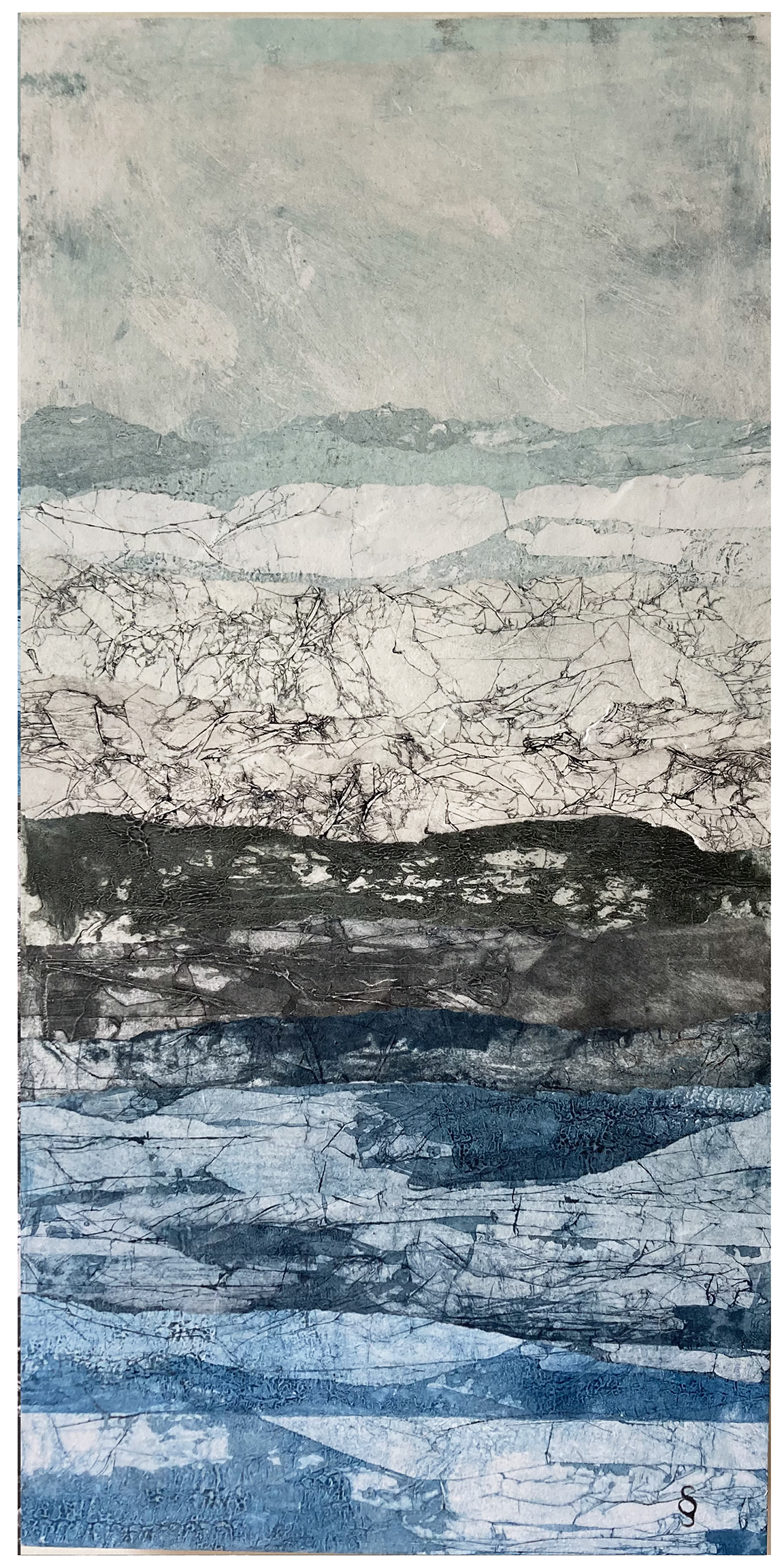 La danse des glaces, Techniques mixtes, 24 po. X 12 po. Sylvie Schueler © 2025