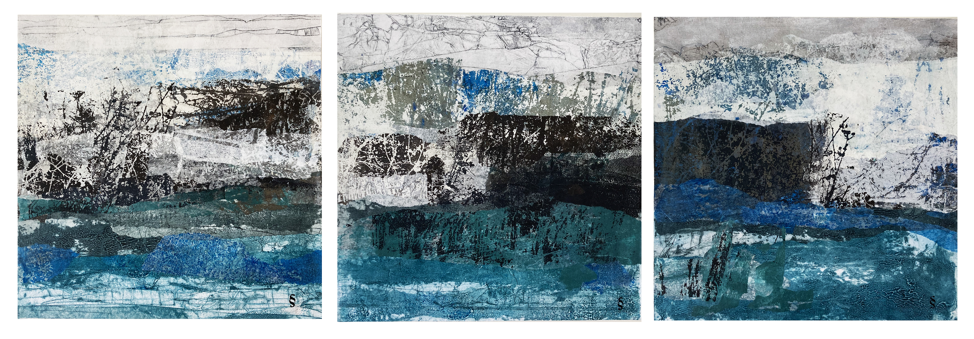 Changement de saison, Triptyque, Techniques mixtes, 3 fois 12 po. X 12 po. Sylvie Schueler © 2025